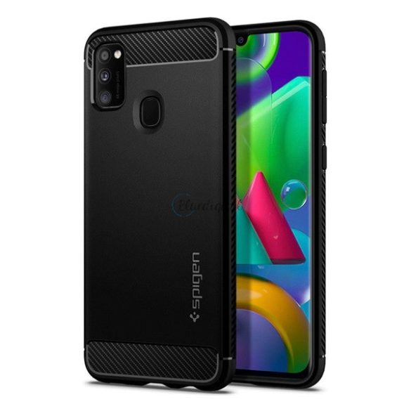 SPIGEN RUGGED ARMOR szilikon telefonvédő (közepesen ütésálló, légpárnás sarok, karbon minta) FEKETE Samsung Galaxy M21 (SM-M215f)