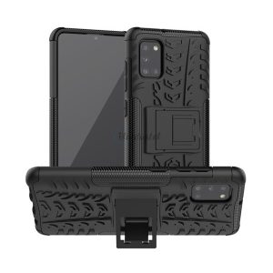 Defender műanyag telefonvédő (közepesen ütésálló, szilikon belső, kitámasztó, autógumi minta) FEKETE Samsung Galaxy A31 (SM-A315F)