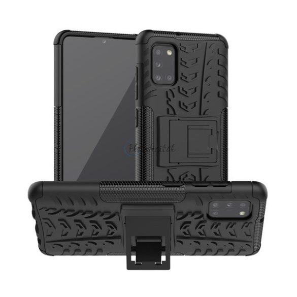 Defender műanyag telefonvédő (közepesen ütésálló, szilikon belső, kitámasztó, autógumi minta) FEKETE Samsung Galaxy A31 (SM-A315F)