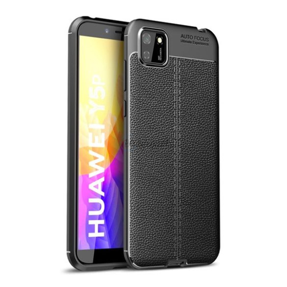 Szilikon telefonvédő (közepesen ütésálló, bőr hatású, varrás minta) FEKETE Huawei Y5p, Honor 9S