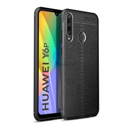   Szilikon telefonvédő (közepesen ütésálló, bőr hatású, varrás minta) FEKETE Huawei Y6p