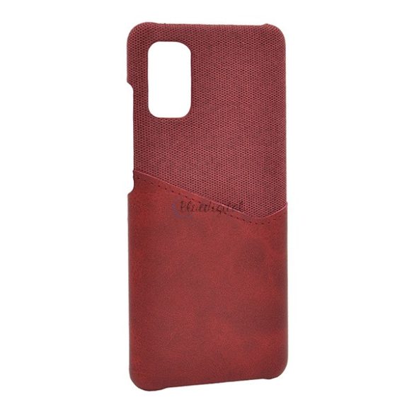 Műanyag telefonvédő (közepesen ütésálló, bankkártya tartó, textil bevonat, bőr hatású hátlap) PIROS Samsung Galaxy A41 (SM-A415F)