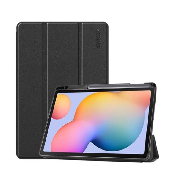 ENKAY tok álló, bőr hatású (aktív FLIP, oldalra nyíló, TRIFOLD, asztali tartó, ceruza tartó) FEKETE Samsung Galaxy Tab S6 Lite 10.4 WIFI (SM-P610) 2020, Samsung Galaxy Tab S6 Lite 10.4 LTE (SM-P615) 2020, Samsung Galaxy Tab S6 Lite 10.4 WIFI (SM-P613