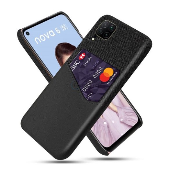 Műanyag telefonvédő (közepesen ütésálló, bankkártya tartó, textil bevonat, bőr hatású hátlap) FEKETE Huawei P40 Lite 4G / Nova 6 SE