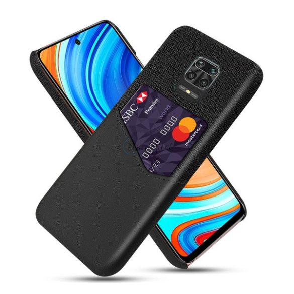 Műanyag telefonvédő (közepesen ütésálló, bankkártya tartó, textil bevonat, bőr hatású hátlap) FEKETE Xiaomi Redmi Note 9S, Xiaomi Redmi Note 9 Pro