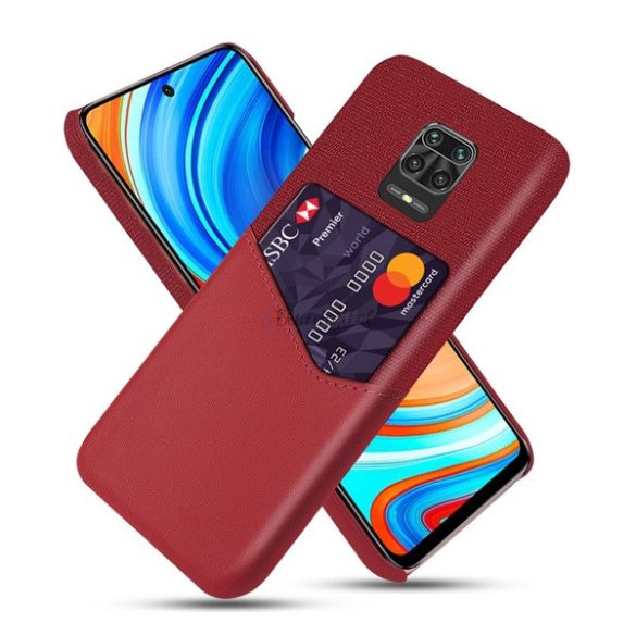 Műanyag telefonvédő (közepesen ütésálló, bankkártya tartó, textil bevonat, bőr hatású hátlap) PIROS Xiaomi Redmi Note 9 Pro, Xiaomi Redmi Note 9S