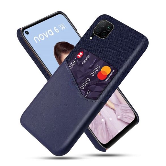 Műanyag telefonvédő (közepesen ütésálló, bankkártya tartó, textil bevonat, bőr hatású hátlap) SÖTÉTKÉK Huawei P40 Lite 4G / Nova 6 SE