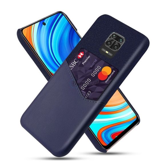 Műanyag telefonvédő (közepesen ütésálló, bankkártya tartó, textil bevonat, bőr hatású hátlap) SÖTÉTKÉK Xiaomi Redmi Note 9S, Xiaomi Redmi Note 9 Pro