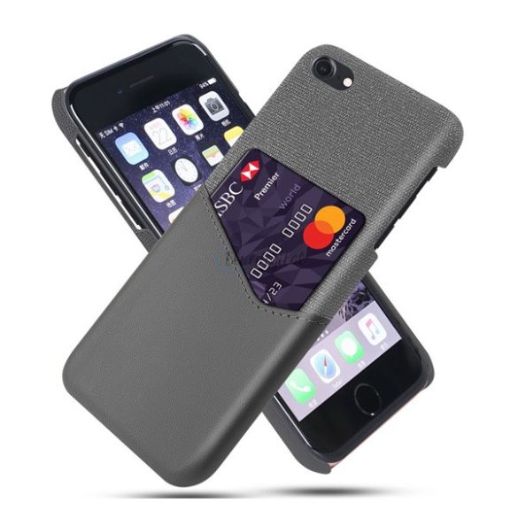 Műanyag telefonvédő (közepesen ütésálló, bankkártya tartó, textil bevonat, bőr hatású hátlap) SZÜRKE Apple iPhone 7 4.7, Apple iPhone 8 4.7, Apple iPhone SE 2 (2020), Apple iPhone SE 3 