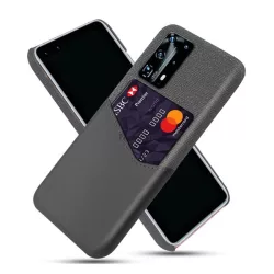   Műanyag telefonvédő (közepesen ütésálló, bankkártya tartó, textil bevonat, bőr hatású hátlap) SZÜRKE Huawei P40