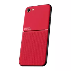   Műanyag telefonvédő (szilikon keret, közepesen ütésálló, beépített fémlemez, bőr hatású hátlap, csíkos minta) PIROS Apple iPhone 7 4.7, Apple iPhone 8 4.7, Apple iPhone SE 2 (2020), Ap