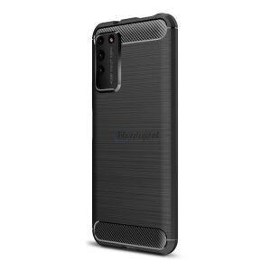 Szilikon telefonvédő (közepesen ütésálló, légpárnás sarok, szálcsiszolt, karbon minta) FEKETE Honor X10 5G