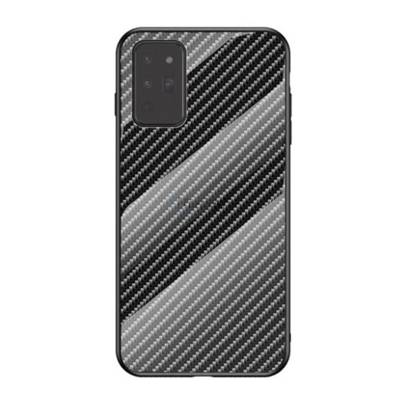 Telefonvédő szilikon keret (BUMPER, edzett üveg hátlap, karbon minta) FEKETE Samsung Galaxy Note 20 5G (SM-N981F), Samsung Galaxy Note 20 (SM-N980F)