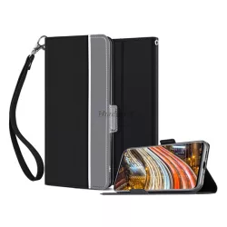   Tok álló, bőr hatású (FLIP, oldalra nyíló, asztali tartó funkció, textil minta + csuklópánt) FEKETE Samsung Galaxy S20 (SM-G980F), Samsung Galaxy S20 5G (SM-G981U)