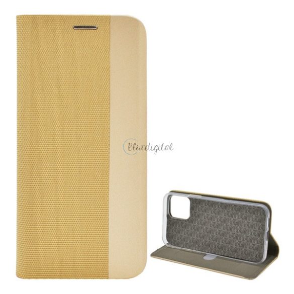 Tok álló, bőr hatású (FLIP, oldalra nyíló, asztali tartó funkció, textil minta) ARANY Apple iPhone 12, Apple iPhone 12 Pro