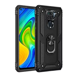   Defender műanyag telefonvédő (közepesen ütésálló, szilikon belső, telefontartó gyűrű, beépített fémlemez) FEKETE Xiaomi Redmi Note 9 (10X 4G)