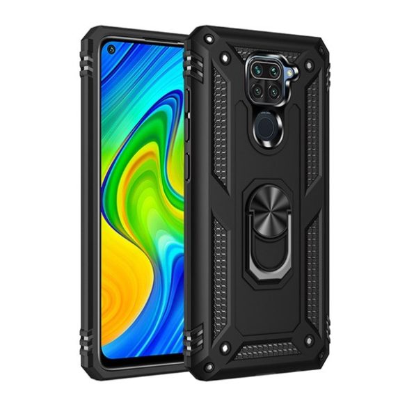 Defender műanyag telefonvédő (közepesen ütésálló, szilikon belső, telefontartó gyűrű, beépített fémlemez) FEKETE Xiaomi Redmi Note 9 (10X 4G)