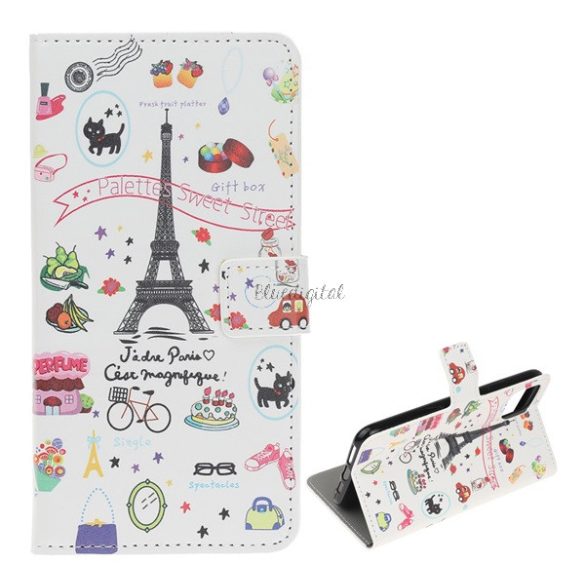 Tok álló, bőr hatású (FLIP, oldalra nyíló, asztali tartó funkció, Eiffel torony minta) FEHÉR Apple iPhone 12, Apple iPhone 12 Pro