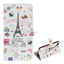   Tok álló, bőr hatású (FLIP, oldalra nyíló, asztali tartó funkció, Eiffel torony minta) FEHÉR Apple iPhone 12 mini