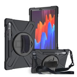   Defender műanyag telefonvédő (ütésállóság, kitámasztó, 360° + kézpánt, vállpánt) FEKETE Samsung Galaxy Tab S7 WIFI (SM-T870), Samsung Galaxy Tab S7 LTE (SM-T875), Samsung Galaxy Tab S7 LTE 5G (SM-T876), Samsung Galaxy Tab S8 WIFI (SM-X700), Samsung G