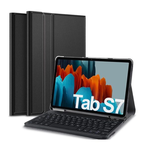 Tok álló, bőr hatású (FLIP, bluetooth billentyűzet, asztali tartó, QWERTY, angol nyelvű) FEKETE Samsung Galaxy Tab S7 LTE 5G (SM-T876), Samsung Galaxy Tab S7 WIFI (SM-T870), Samsung Galaxy Tab S7 LTE (SM-T875), Samsung Galaxy Tab S8 WIFI (SM-X700), S