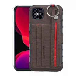   Szilikon telefonvédő (közepesen ütésálló, asztali tartó funkció, bankkártya tartó, textil hátlap + kézpánt) BARNA Apple iPhone 12 mini