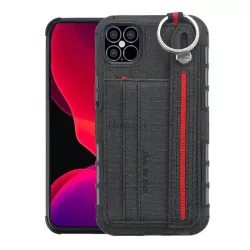   Szilikon telefonvédő (közepesen ütésálló, asztali tartó funkció, bankkártya tartó, textil hátlap + kézpánt) FEKETE Apple iPhone 12 mini