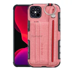   Szilikon telefonvédő (közepesen ütésálló, asztali tartó funkció, bankkártya tartó, textil hátlap + kézpánt) RÓZSASZÍN Apple iPhone 12 mini