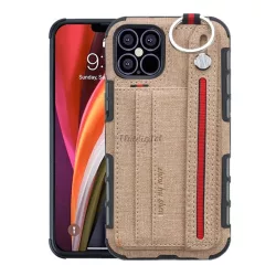   Szilikon telefonvédő (közepesen ütésálló, asztali tartó funkció, bankkártya tartó, textil hátlap + kézpánt) VILÁGOSBARNA Apple iPhone 12 Pro, Apple iPhone 12