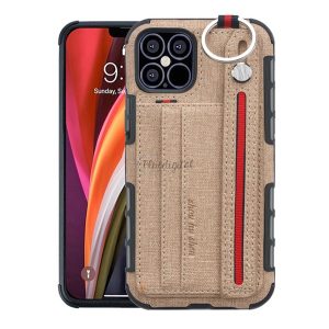 Szilikon telefonvédő (közepesen ütésálló, asztali tartó funkció, bankkártya tartó, textil hátlap + kézpánt) VILÁGOSBARNA Apple iPhone 12 Pro, Apple iPhone 12