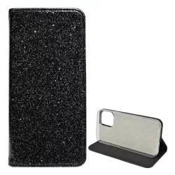   Tok álló, bőr hatású (FLIP, szilikon belső, oldalra nyíló, asztali tartó funkció, bankkártya tartó, csillogó) FEKETE Apple iPhone 12 mini
