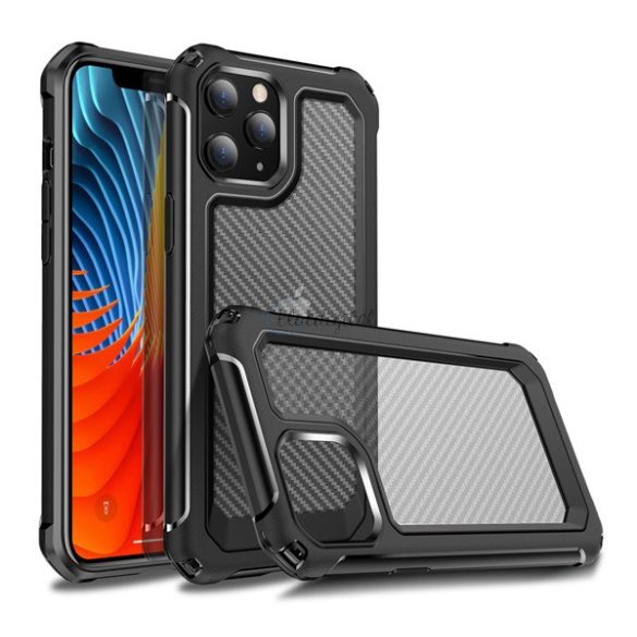Szilikon telefonvédő (közepesen ütésálló, légpárnás sarok, akril hátlap, karbon minta) FEKETE Apple iPhone 12 Pro, Apple iPhone 12