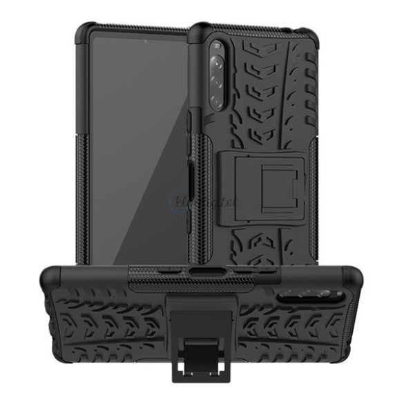 Defender műanyag telefonvédő (közepesen ütésálló, szilikon belső, kitámasztó, autógumi minta) FEKETE Sony Xperia L4 (XQ-AD5)