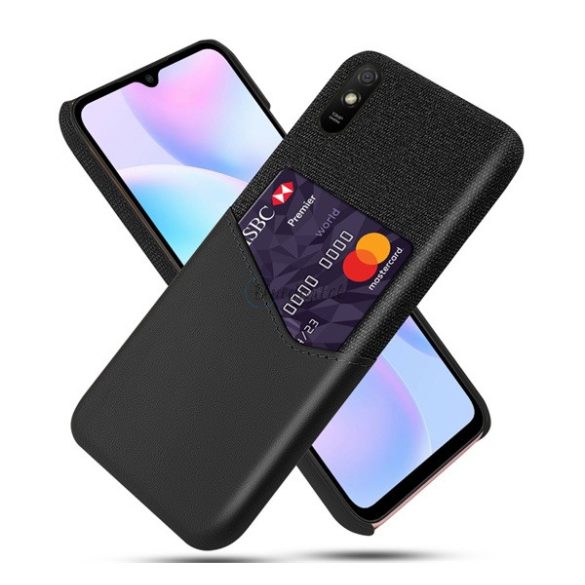 Műanyag telefonvédő (közepesen ütésálló, bankkártya tartó, textil bevonat, bőr hatású hátlap) FEKETE Xiaomi Redmi 9A (Redmi 9 AT)