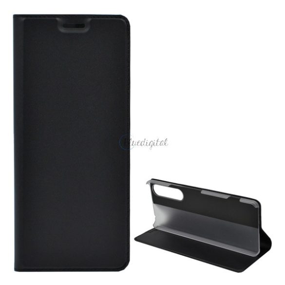 Tok álló, bőr hatású (FLIP, oldalra nyíló, asztali tartó funkció) FEKETE Sony Xperia 1 II (XQ-AT5)