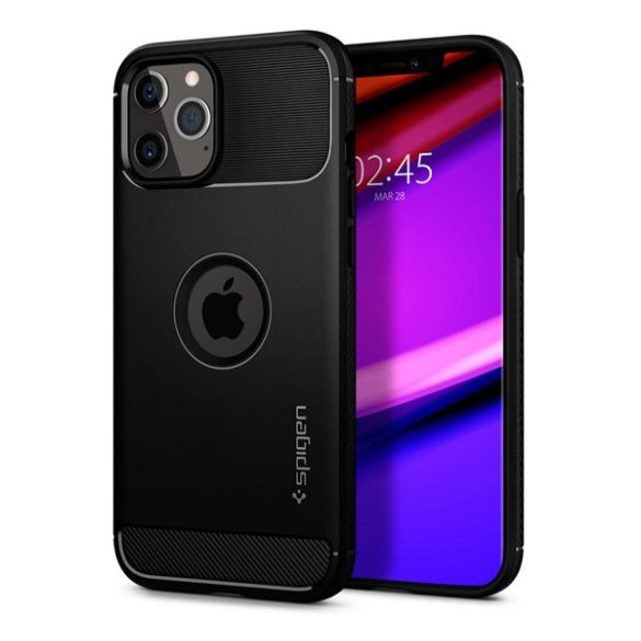 SPIGEN RUGGED ARMOR szilikon telefonvédő (közepesen ütésálló, légpárnás sarok, karbon minta, logó kivágás) FEKETE Apple iPhone 12, Apple iPhone 12 Pro