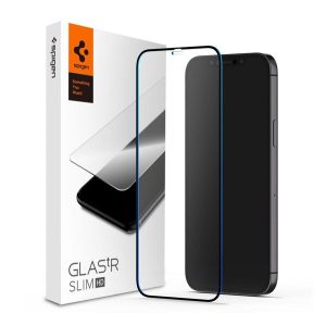 SPIGEN FC képernyővédő üveg (2.5D, ujjlenyomatmentes, extra karcálló, 9H, ultravékony, 0.3mm, színkiemelés) FEKETE Apple iPhone 12, Apple iPhone 12 Pro