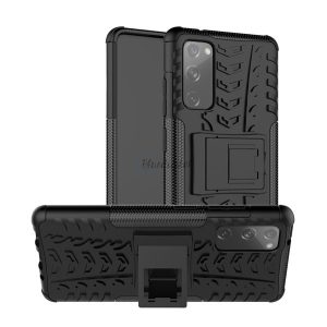 Defender műanyag telefonvédő (közepesen ütésálló, szilikon belső, kitámasztó, autógumi minta) FEKETE Samsung Galaxy S20 FE (SM-G780)