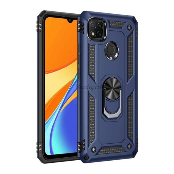 Defender műanyag telefonvédő (közepesen ütésálló, szilikon belső, telefontartó gyűrű, beépített fémlemez) SÖTÉTKÉK Xiaomi Redmi 9C
