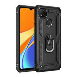   Defender műanyag telefonvédő (közepesen ütésálló, szilikon belső, telefontartó gyűrű, beépített fémlemez) FEKETE Xiaomi Redmi 9C, Xiaomi Redmi 10A