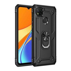 Defender műanyag telefonvédő (közepesen ütésálló, szilikon belső, telefontartó gyűrű, beépített fémlemez) FEKETE Xiaomi Redmi 9C, Xiaomi Redmi 10A