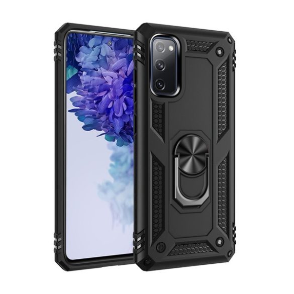 Defender műanyag telefonvédő (közepesen ütésálló, szilikon belső, telefontartó gyűrű, beépített fémlemez) FEKETE Samsung Galaxy S20 FE (SM-G780)