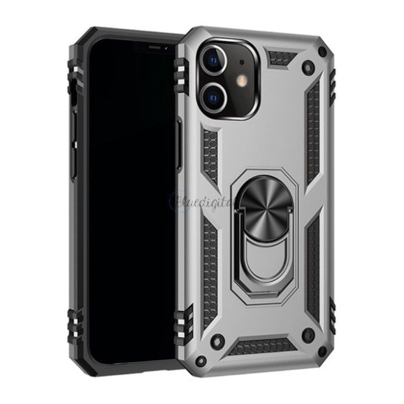 Defender műanyag telefonvédő (közepesen ütésálló, szilikon belső, telefontartó gyűrű, beépített fémlemez) SZÜRKE Apple iPhone 12, Apple iPhone 12 Pro