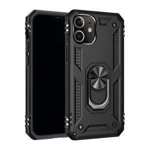Defender műanyag telefonvédő (közepesen ütésálló, szilikon belső, telefontartó gyűrű, beépített fémlemez) FEKETE Apple iPhone 12 mini
