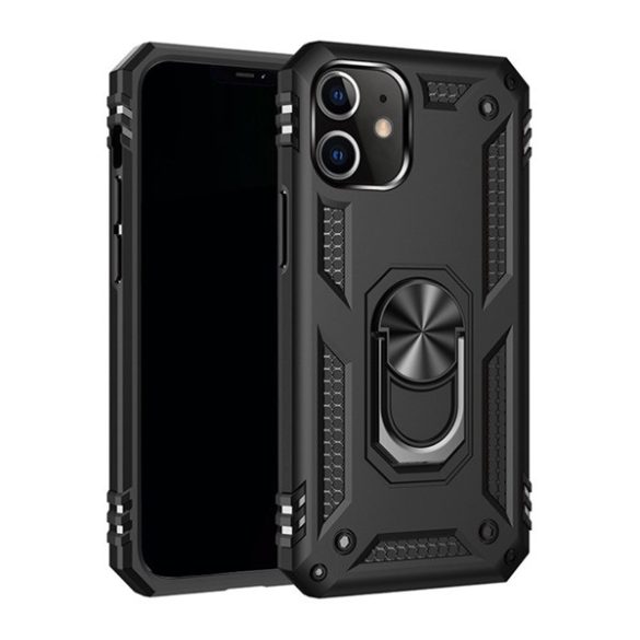 Defender műanyag telefonvédő (közepesen ütésálló, szilikon belső, telefontartó gyűrű, beépített fémlemez) FEKETE Apple iPhone 12 mini