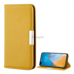   Tok álló, bőr hatású (FLIP, oldalra nyíló, asztali tartó funkció, mágneses, elegáns fémcsat, prémium) SÁRGA Huawei P40 Pro 5G