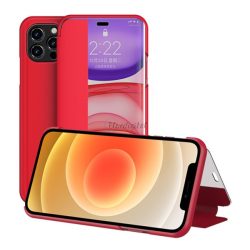   Tok álló, bőr hatású (FLIP, oldalra nyíló, asztali tartó funkció, hívószámkijelzés, View Window) PIROS Apple iPhone 12 Pro Max