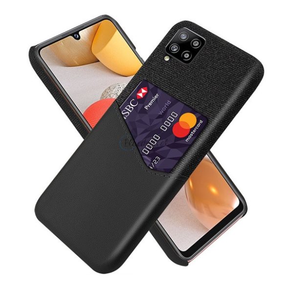 Műanyag telefonvédő (közepesen ütésálló, bankkártya tartó, textil bevonat, bőr hatású hátlap) FEKETE Samsung Galaxy A42 5G (SM-A425F)