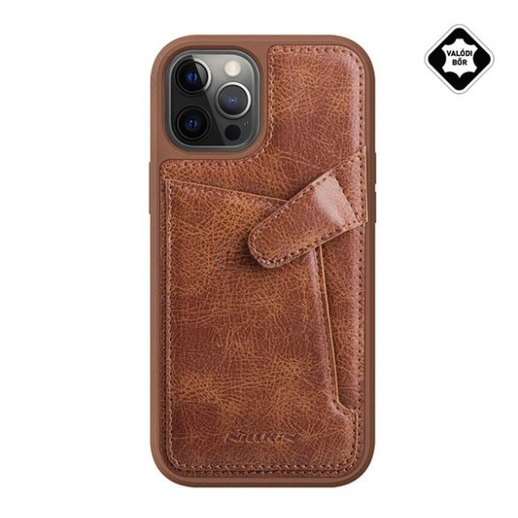 NILLKIN AOGE műanyag telefonvédő (valódi bőr hátlap, mikrofiber plüss belső, bankkártya tartó) BARNA Apple iPhone 12 Pro Max