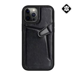   NILLKIN AOGE műanyag telefonvédő (valódi bőr hátlap, mikrofiber plüss belső, bankkártya tartó) FEKETE Apple iPhone 12 Pro Max